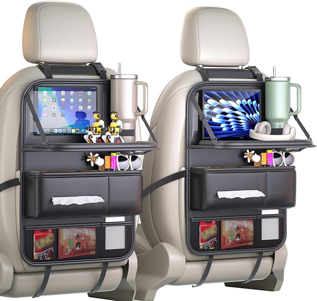 Luxury Leather Back Seat Organizer with Tray,Premium Command Center for Family Road Trips, Foldable Laptop & Tablet Tray, Dedicated Pocket Fits 120Count Tissue Box,Cup Strap for 3040oz Tumblers