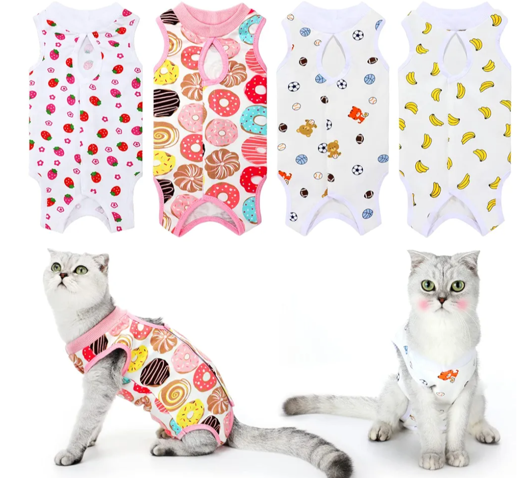 4 Pieces Cat Recovery Suits Body Wraps Breathable Kittens Recovery Clothes for Cats Small Dogs Abdominal Weaning(Banana, Football, Strawberry, Donut Medium