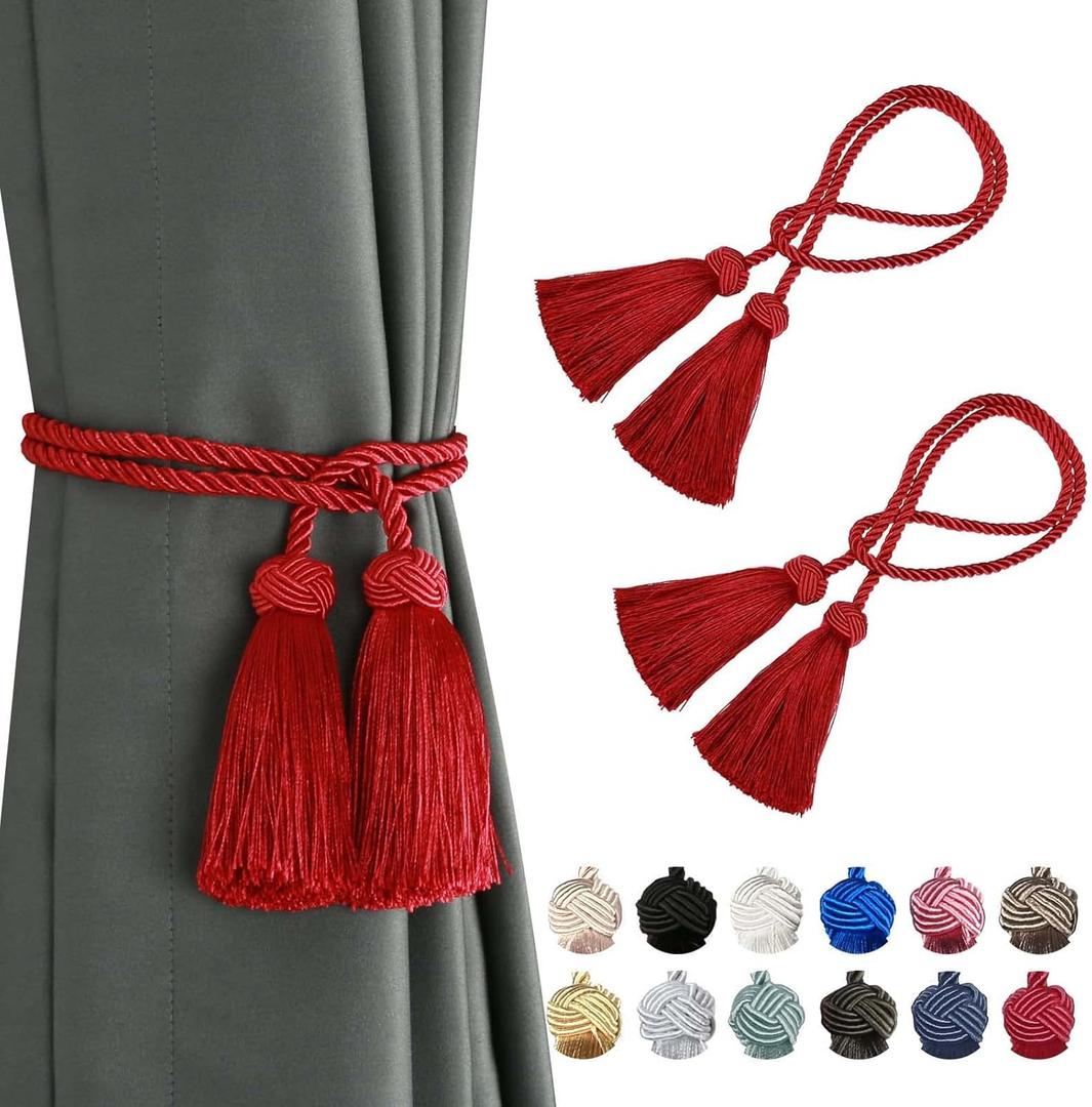 BEL AVENIR 2 Pack Curtain Handmade Tiebacks Decorative Curtain Holdbacks with Tassel (Red, 2 Pack)