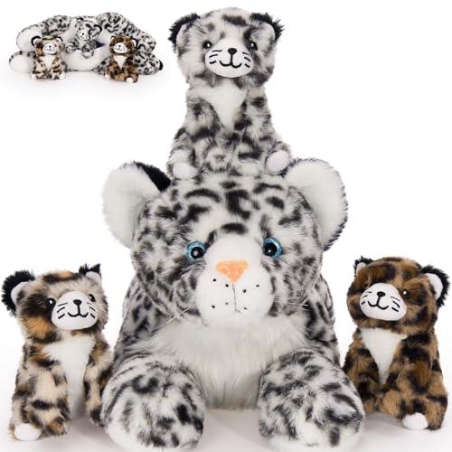MaoGoLan Snow Leopard Stuffed Animals with Babies,4 Pcs Leopard Plushies for Girls,Mama and Baby Cheetah Stuffed Animal,Cheetah Plushies with 3 Cubs for Kids,Christmas Birthday Gift