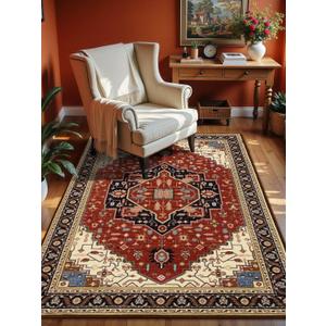 4x6 Orange Red Area Rug for Living Room, Machine Washable Rugs with Non-Slip Backing for Bedroom, Vintage Medallion Carpet Kitchen Laundry Kids Room Decor