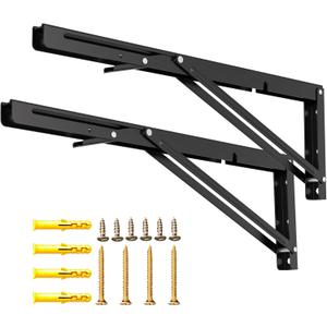 LSK Folding Shelf Brackets, 16 Inch Heavy Duty Collapsible Shelf Bracket, Wall Mounted L Table Hinges Brackets for Bench Table, Space Saving DIY Black Bracket, Max Load 220LBS, Pack of 2