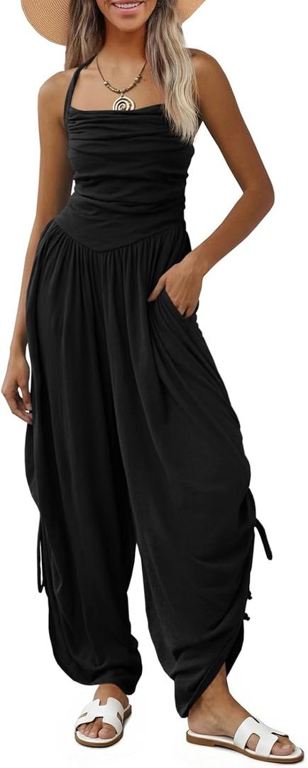 Fisoew Womens Casual Jumpsuits Summer Halter Straps Sleeveless Overalls Ruched Barrel Wide Leg Side-Cinch Long Pant Rompers, Large, Black
