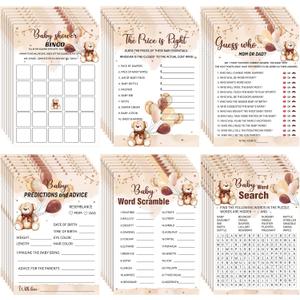 Jetec 302 Pcs Bear Baby Shower Games Set 6 Games Include Baby Shower Word Scramble Word Search Predictions and Advice the Price is Right Guess Mom or Dad(Brown Bear)