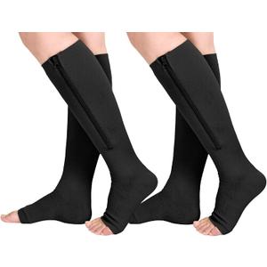 Athbavib 2 Pairs Compression Socks for Women & Men with Zipper 15-20 mmhg, Wide Calf Open Toe Plus Size Compression Socks Men, Knee High Compression Stockings for Flying Nurses Pregnant Women Travel (4X-Large)