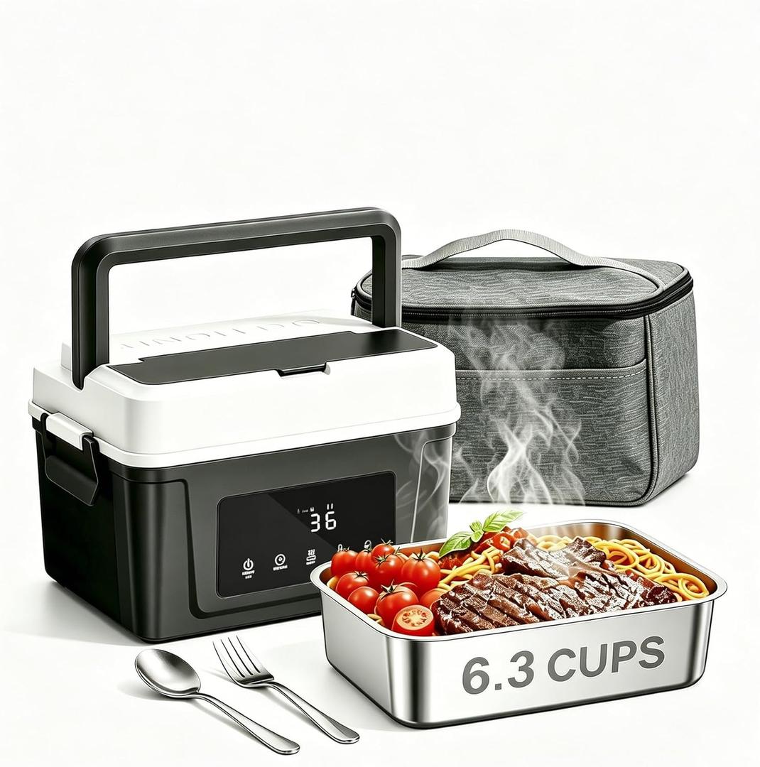 6.3 Cup Heated Lunch Box, Cordless Lunch Box Battery Powered | Portable Food Warmer with Auto Heater 3D 5 Side, Utensils Slot, Removable Divider Lunchbox for Truck Travel Office
