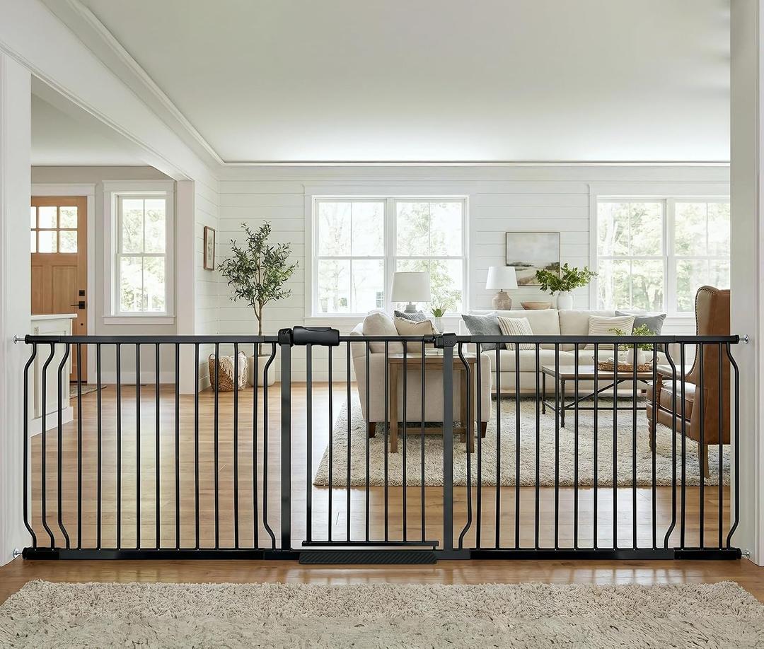 Extra Wide Baby Gate 85.8-104.5 Inch, Pressure Mounted No Drilling, for Stairs & Doorways, Metal Black Indoor Safety Gate for Kids and Dogs