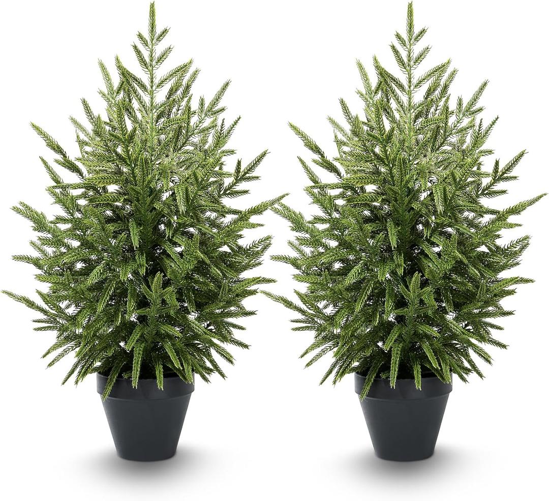 2ft 2 Pack Artificial Topiary Trees for Outdoor Front Porch Dcor, Real Touch Norfolk Pine Tree, UV Rated Fake Potted Plants for Outdoor Indoor Door Garden Farmhouse Home Decoration