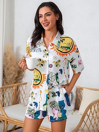 Donnalla Pajamas for Women Set 2 Piece Loungewear Set Collared Short Sleeve Lounge Sets Graffiti Pjs Spring Outfits, XS