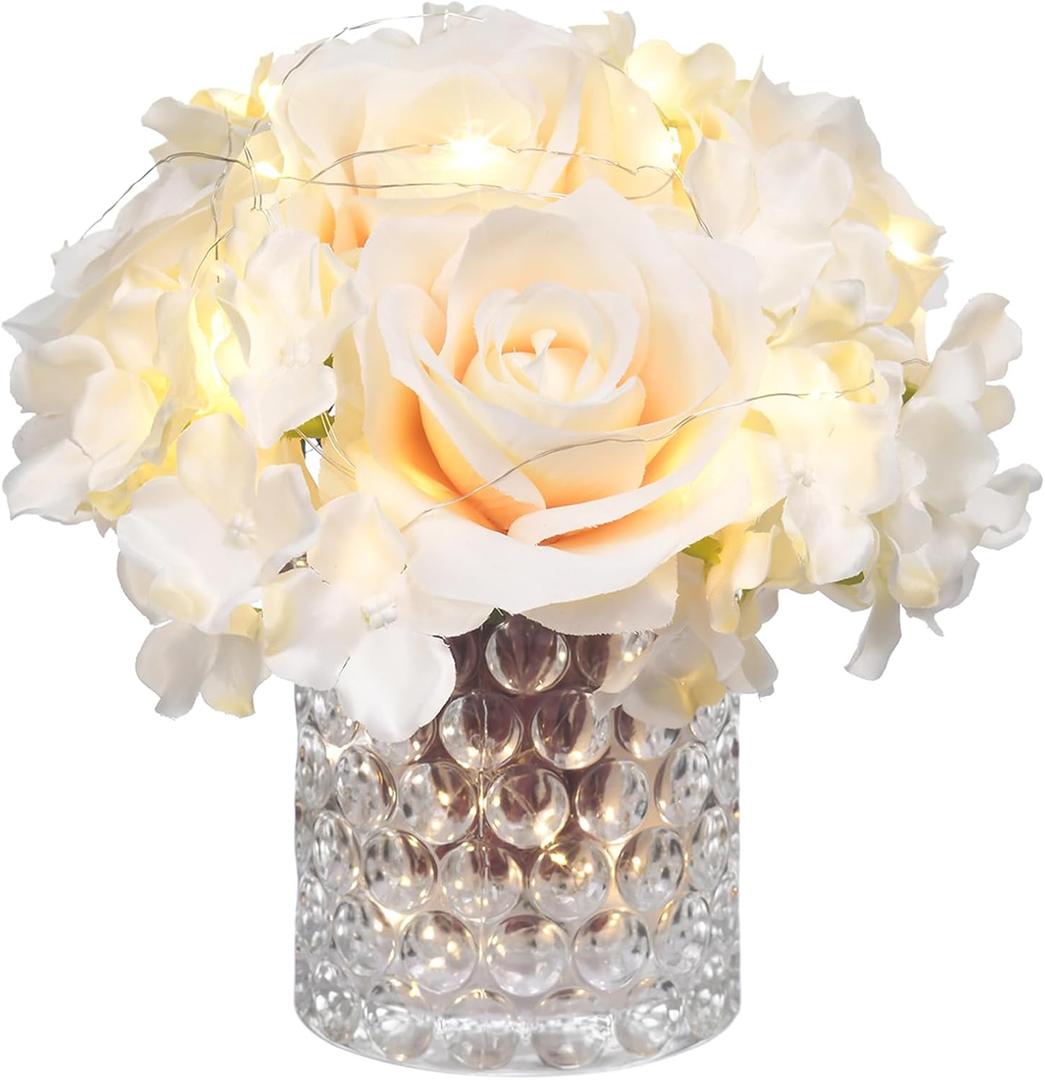 Rose Silk Flower Arrangement Artificial Vivid Rose in Glass Vase with LED Light Elegant Centerpiece for Home Wedding Bathroom Table Shelf Decoration (Champagne)