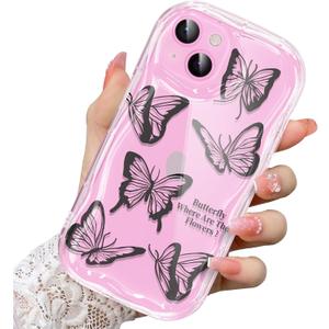 2 x Compatible for iPhone 13 Case, Pretty Butterfly Print Three-Dimensional Wave Clear Case for Girls Women, Soft Full Package Anti-Fall Cover for iPhone 13, Black Butterfly