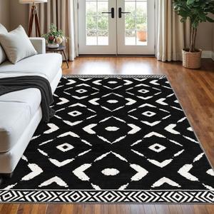 KILOCOCO Living Room Rug 5x7 Area Rug Printed Boho Washable Bedroom Rugs Non Slip Soft Large Moroccan Rubber Backed Indoor Rugs for Dining Room Office Farmhouse Geometric Carpet, Black