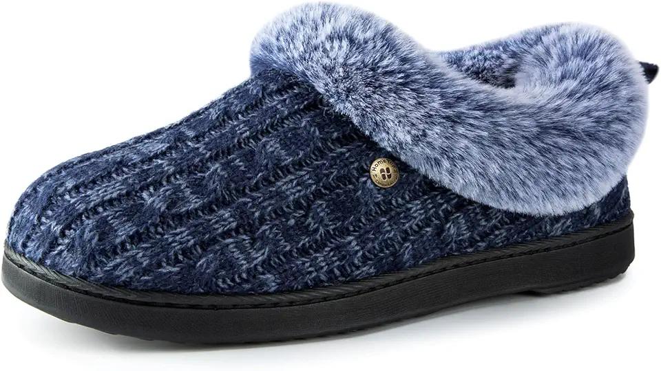 HomeTop Women's Cable Knit Slippers Breathable Warm Comfy Non-slip Indoor Outdoor House Shoes with Fuzzy Collar Global Recycled Standard 5-6
