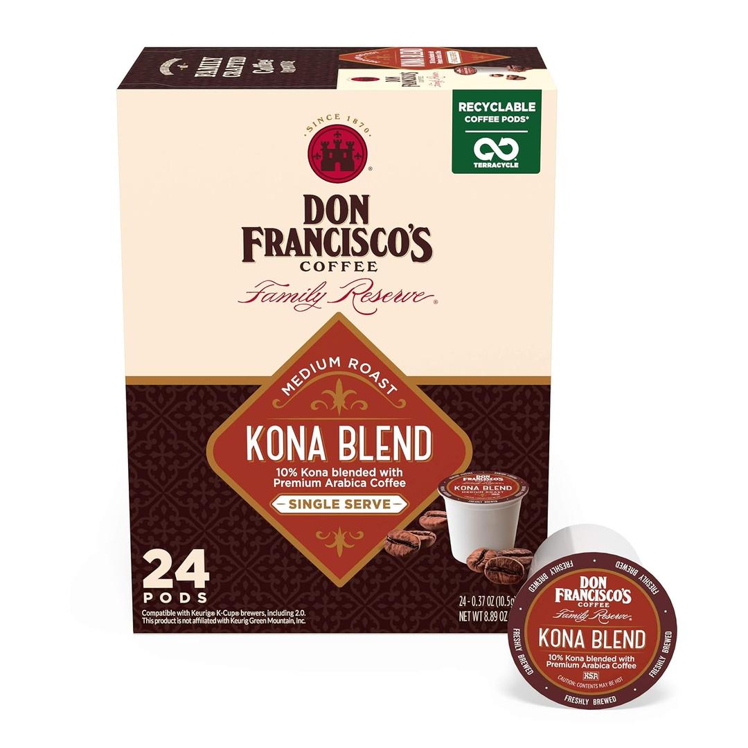 Don Francisco's Kona Blend Coffee Pods, 24 Count, Medium Roast, Compatible with Keurig Brewers (EXP 09/07/27)