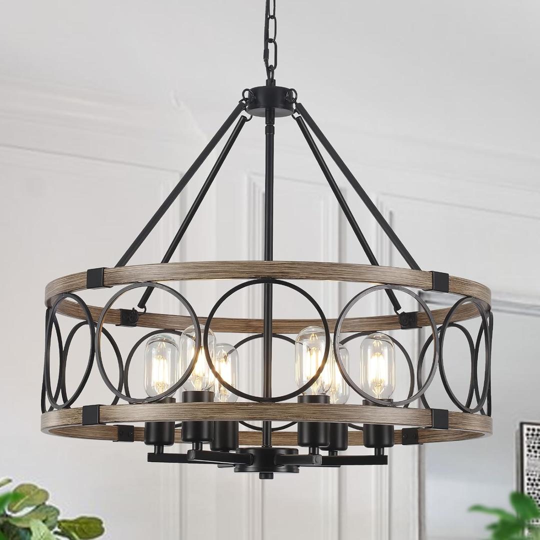 6-Light Farmhouse Chandelier for Dining Room 21in Rustic Chandeliers Imitation Wood Grain Pendant Light Fixture Modern Industrial Chandelier for Kitchen Island Entryway Foyer Bedroom Hallway, E26
