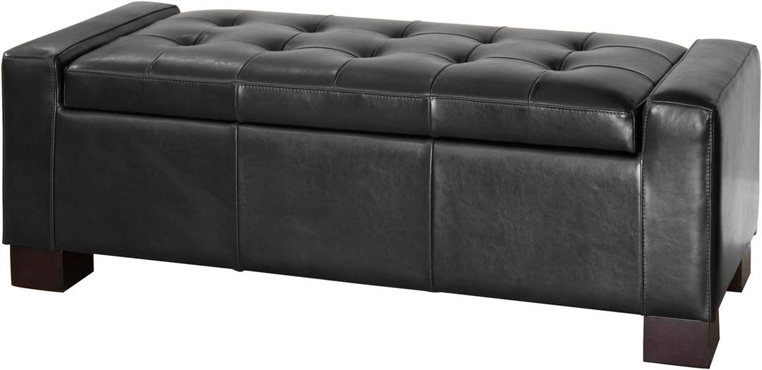 Christopher Knight Home Guernsey Leather Wood-Frame Storage Ottoman, Black