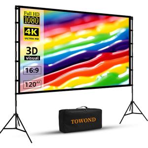 Projector Screen and Stand, Towond 120 inch Portable Projector Screen Indoor Outdoor Movie Screen 16:9 4K HD Wrinkle-Free Lightweight Projection Screen with Carry Bag for Backyard Movie Night