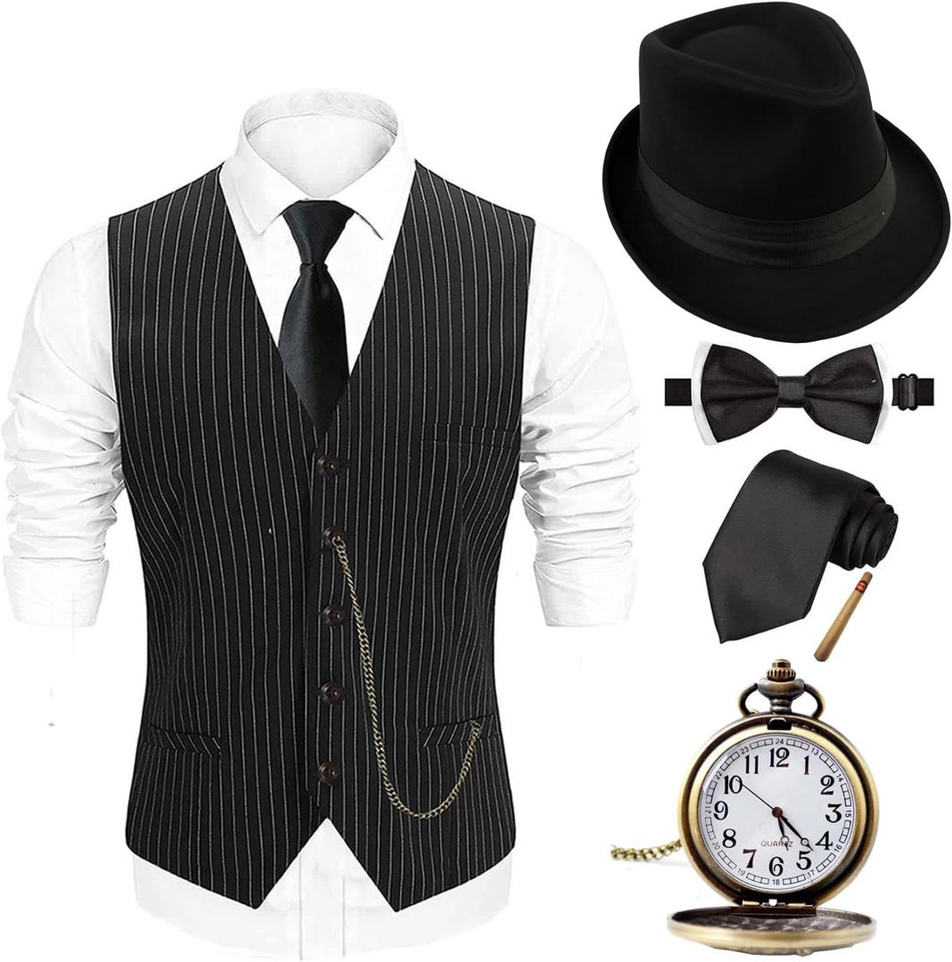 EFORLED Halloween 1920s Mens Costume 2025,Gatsby Gangster Vest,Vintage Pocket Watch,Pre Tied Bow Tie,Tie (XX-Large)