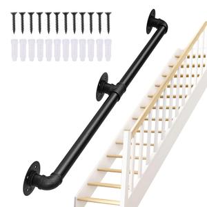 Seeutek Staircase Handrails 4FT Handrails for Indoor Stairs Stair Railing Hand Railings for Stairs Metal Railing Black Wrought Iron Pipe Handrail with Wall Mount Support