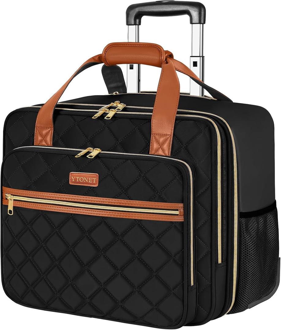 Ytonet Rolling Laptop Bag, 17.3 Inch Rolling Briefcase for Women, Water Resistant Computer Bag with Wheels for Work Travel College Business Overnight Wife Mom Teacher, Black Brown, Large