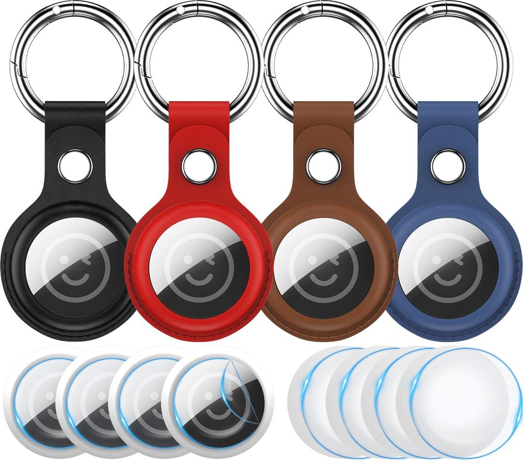 RFUNGUANGO 4-Piece Airtag Leather Case for Apple Air Tab Cover Airtag Key Holster - with 4 Front Screen Protectors, 4 Back Protectors, Black/Brown/Blue/Red