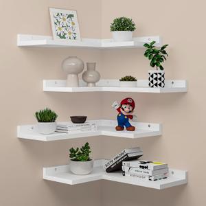 4-Tier Corner Floating Shelves, Rustic Pine L-Shaped Shelves for Creative Wall Storage in Bedroom, Bathroom & Any Room - White