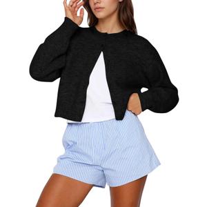 Dokuritu Cardigans for Women Long Sleeve Crew Neck Lightweight Button Down Fall Knit Sweater Cardigan Y2k Open Front Top (Black, S)
