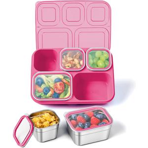 Freshmage Stainless Steel Snackle Box Container, 5 Compartment Lunch Bento Box, Reusable Food Storage Snack Box for School, Work, and Travel, BPA Free and Dishwasher Safe, Pink (1 Pack)