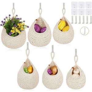 Hanging Fruit Baskets for Kitchen - 6 Pack Boho Wall Hanging Basket,Handwoven Wall Fruits Basket,for Garlic Potato Vegetable Onion Teardrop Home Hanging Storage Baskets(White Classic
