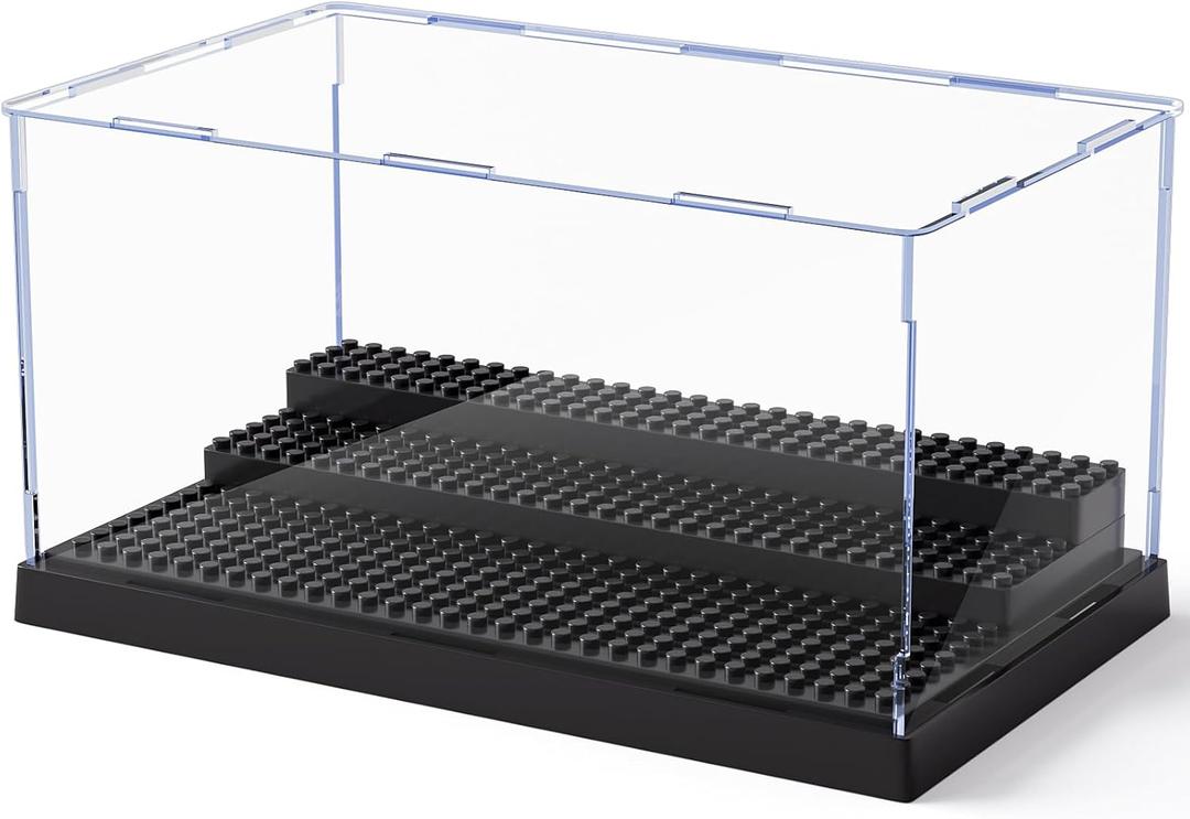 Mlikero Minifigure Display Case for Action Figures Blocks, Clear Dustproof Acrylic Display Box Storage with 3 Movable Steps Gifts for Children,Black