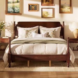 Merax Vintage Wood Spindle Post Bed with Headboard, Queen Size Traditional Platform Bed Frame/No Box Spring Needed/Easy Assemble, Dark Walnut
