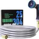 25FT Garden Hose, Stainless Steel Water Hose Flexible with a 10-Mode Nozzle Sprayer, No Kink, Lightweight, Puncture Proof, Ideal for Indoor & Outdoor Light Use, 5/8'' Outside Diameter