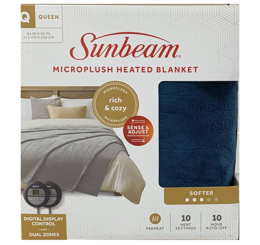 Sunbeam Microplush Queen Electric Heated Blanket with Preheat Feature Two Digital Controller 10-Heat Settings Auto Shut-Off , UL Certified for Safety, Legion Blue, King