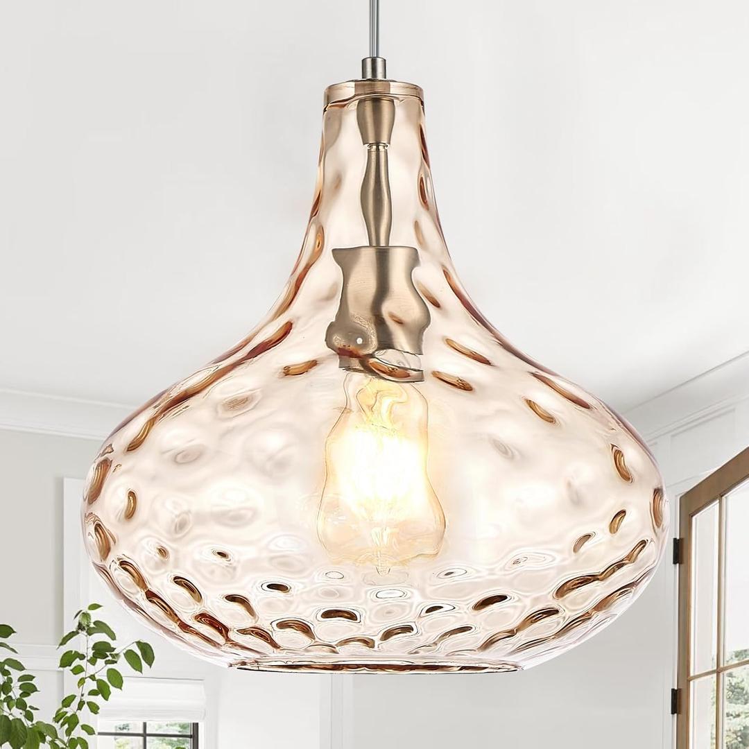 CATINER 11" Amber Hammered Glass Pendant Light, Blown Glass Hanging Light Fixture with Brushed Nickel Finish, Vintage Modern Ceiling Light for Kitchen Island, Dining Room, Hallway, Living Room