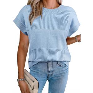 EVALESS Sweater Vest Women Short Sleeve Crewneck Color Block Knit Tops 2026 Fall Trendy Sweaters Lightweight Checkered Cap Sleeve Sweater Womens Casual Going Out Cute Clothes Sky Blue XX-Large