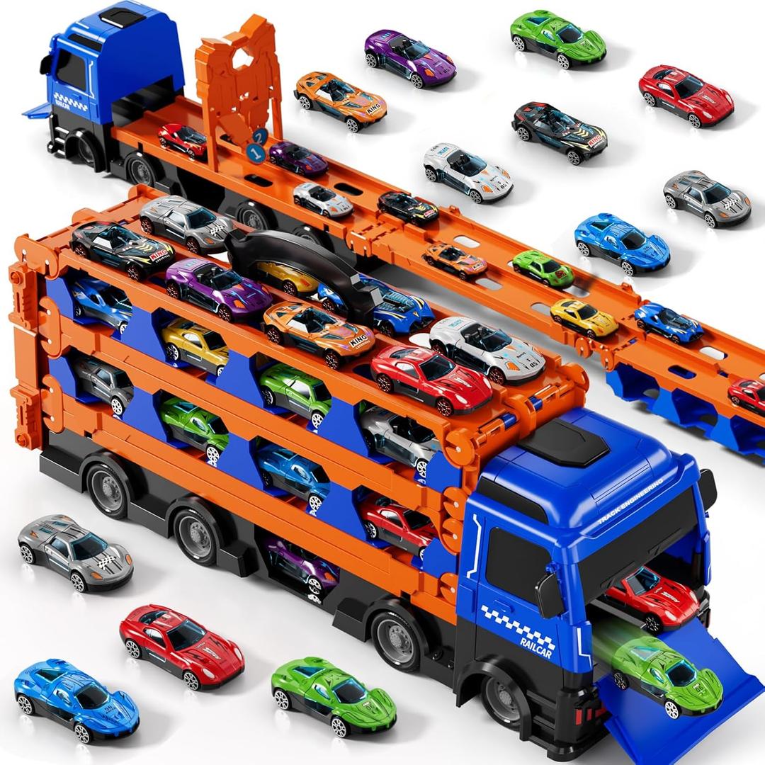 kids Catapult Railcar Toys : Toy Truck for 3 4 5 6 Years Old Kids Boys | 78-Inch Race Track Transport Vehicle & 12 Die-Cast Metal Toy Cars | Toddler Truck Car Toys Set Gifts for Age 3-12 Years Old Kid (Blue)