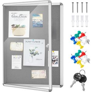 Geetery 36 x 24 Inch Enclosed Bulletin Board with Locking Door Fabric Cork Outdoor Bulletin Board Lockable Display Case, Tamperproof Aluminium Frame Noticeboard Wall-Mounted for School, Office (Gray)