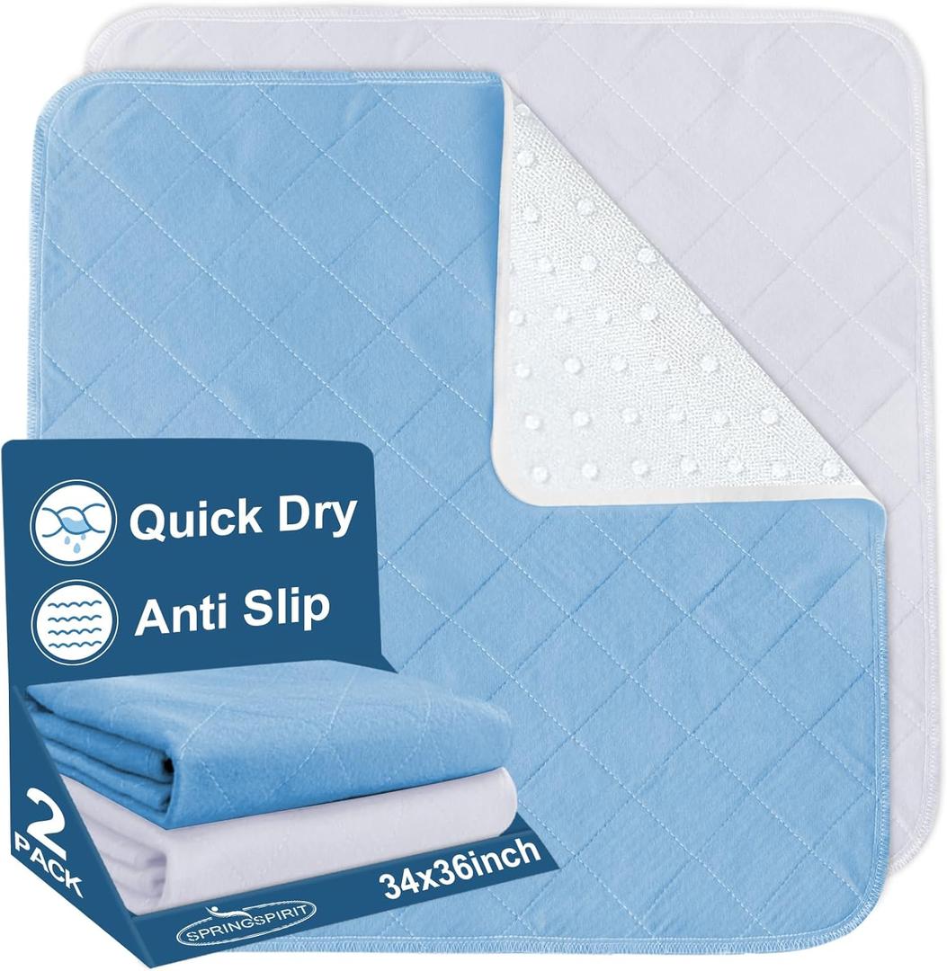 Bed Pads Washable Waterproof 34" x 36", 2 Pack Reusable Chuck Pads Incontinence Underpads Sheet Protector, Pee Pads for Adults, Elderly, Kids, Toddler and Pets, White and Blue