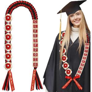 Suncalla 59'' Graduation Money Lei Class of 2026 Ribbon Lei Double Braided DIY with 6 Glitter Satin Flowers Congrats Graduates Cash Gifts Class of 2026 Gift for Men Women(Black Red)