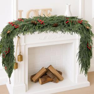 6FT Norfolk Pine Garland Christmas Artificial Greenery with Red Berries Cones, Pine Tree Decor for Mantel Fireplace Stair Rail Doorway Table, Indoor Outdoor Winter Christmas Decorations