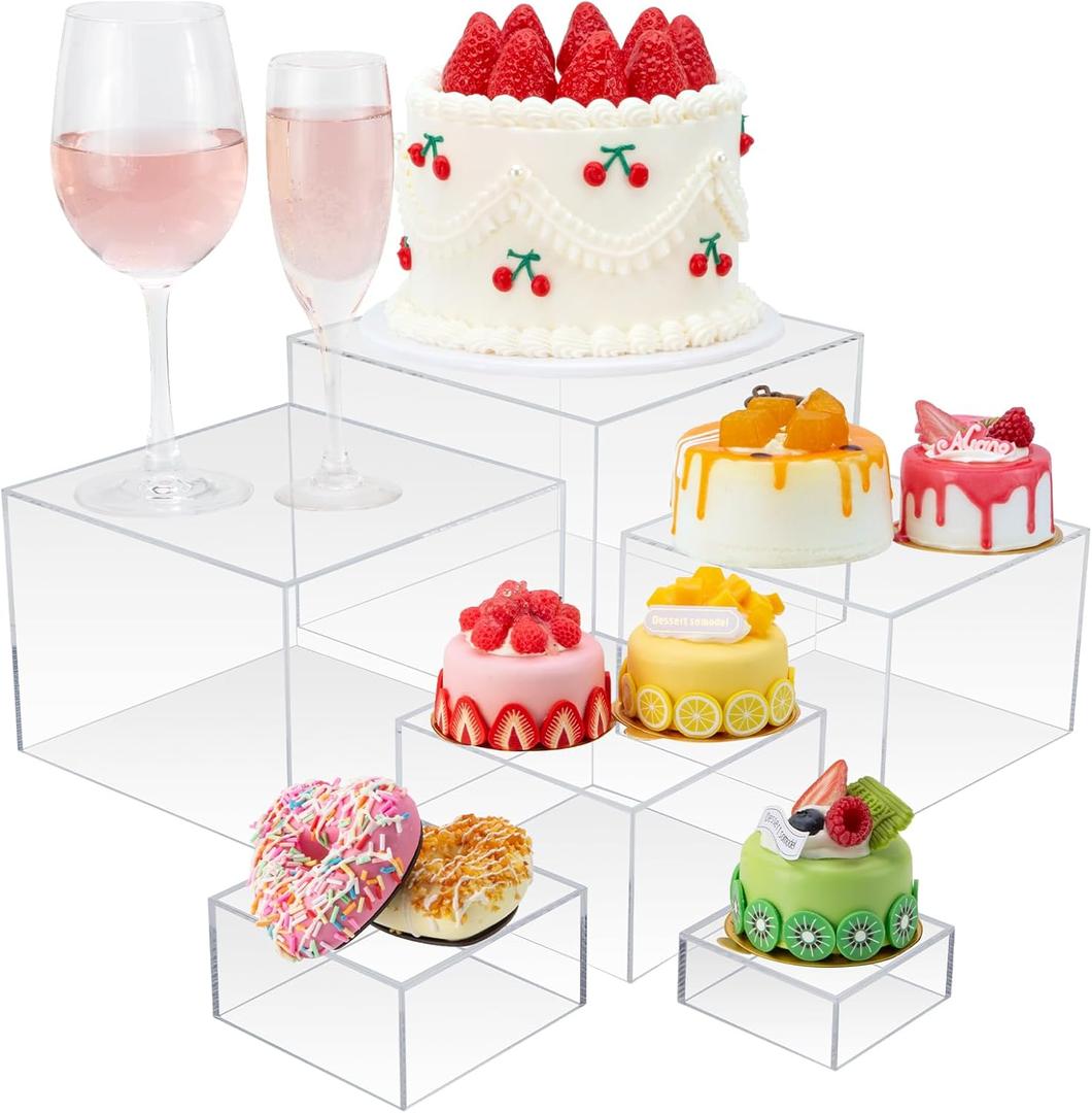 Cliselda 6Pcs Clear Acrylic Boxes for Display, Food Risers for Buffet Table Party Cupcake Candy Desset,Acrylic Nesting Risers Display Stands Cube Boxes with Hollow Bottoms