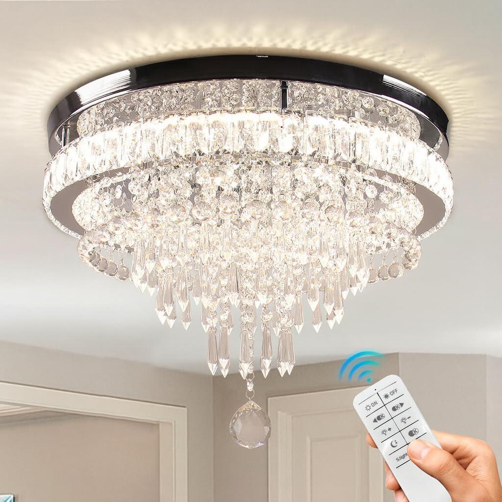 FRIXCHUR 19.7" Modern Crystal Chandeliers Crystal Ceiling Light LED Remote Control Chandelier Light Fixture for Bedrooms Living Room Dining Room Lights (Dimmable)