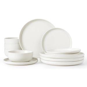 Famiware Milkyway Plates and Bowls Sets, 12 Pieces Dinnerware Sets, Reactive Glaze Dish Set, Stoneware Dishes Set for 4, Matte Beige White