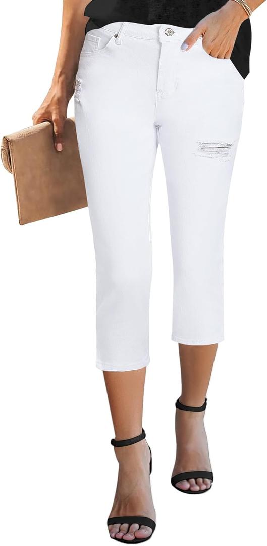 GRAPENT Capris Jeans for Women High Waisted Stretchy Ripped Skinny Denim Capri Pants Distressed Cropped Jeggings Casual (Large, White)