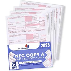 1099 NEC Copy A Forms, 25 Federal Income Laser Tax Forms, Use with 2025 1099 NEC Forms, RED Copy A ONLY, 25 forms-9 sheets 2025