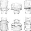 Taper Votive Candle Holder for Pillar Candles Tealight, Candlestick Holder for Wedding Christmas Tea Party, Boho Ribbed Vintage Crystal Glass Table Centerpiece Decor, Bulk Set of 6 (Clear)