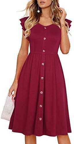 Lamilus Women's Casual Summer Dresses 2025 Ruffle Sleeves V-Neck Button Down Midi Swing Party Dress L