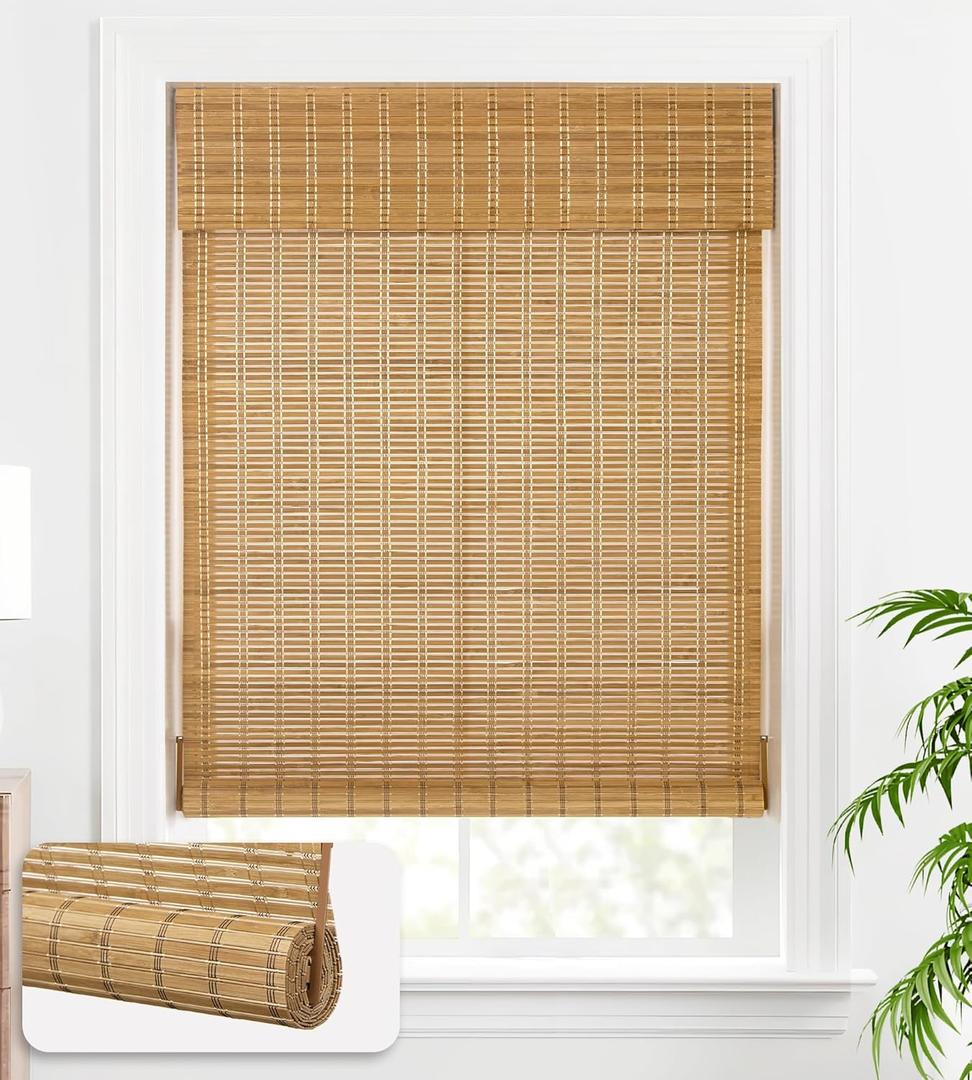 LazBlinds Cordless Bamboo Blinds, Bamboo Roll Up Shades for Windows, Light Filtering Wood Window Blinds for Indoor Home- Size: 27" W x 72'' H, Brown206