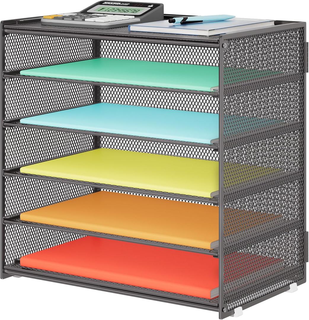 6 Tier Paper Organizer, Metal Mesh Desk File Folder File Folder Paper Letter Tray Desktop Document Sorter for Classroom, School, Office Accessories Organization and Storage - Gray