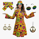 70s Hippie Dress Costumes Necklace Earrings Sunglass Women Disco Outfit, 60s Party Costume, Halloween Retro Dresses, S